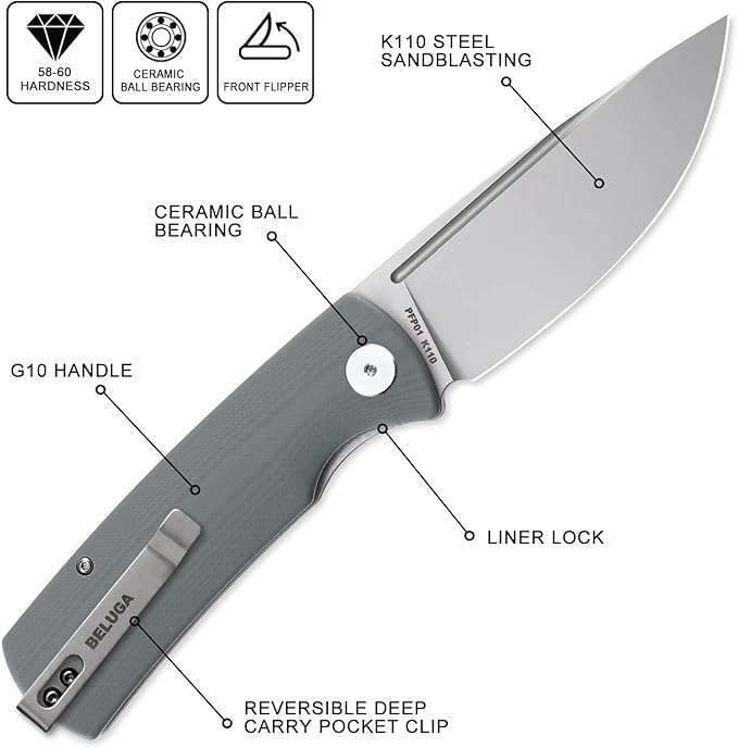 Petrified fish PFP01 k110 steel folding knife G10 handle Front flipper outdoor Camping survival hunting EDC tool knives (Gray)