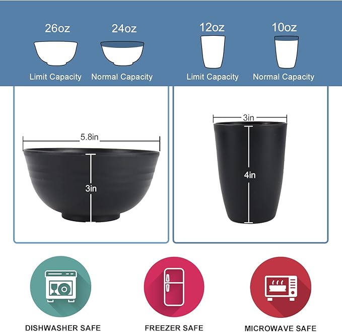 Wrova Wheat Straw Dinnerware Set of 40 Pieces - 10 &amp 9 Plates 6 Snack Plates 26oz &amp 12oz Bowls &amp Cups - Unbreakable Microwave &amp Dishwasher Safe - Black