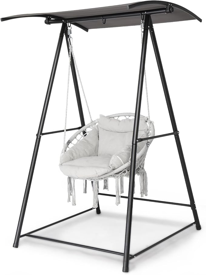 ONCLOUD Hammock Chair with Stand Comfy Hanging Chair with Cusion Swing Stand with Canopy for Outside Heavy Duty 660LBS Hammock Chair Set for Yard Patio (Full Set)