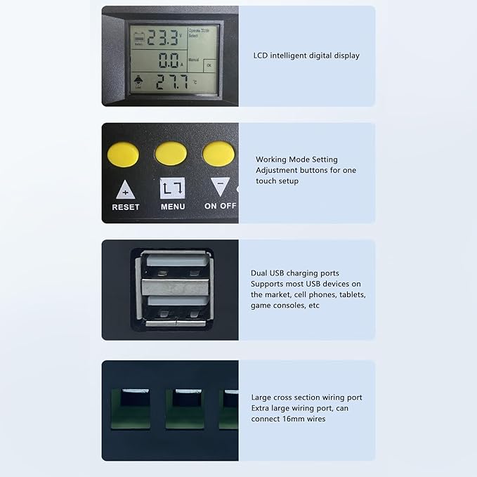 MPPT Solar Controller 12V/24V/36V/48V Auto60A 80A 100A 200ALCD Display7 Working Modes Multifunctional Max100V Input Dual USB 5V Charging Ports Battery with Seal Gel Flooded LifePO4