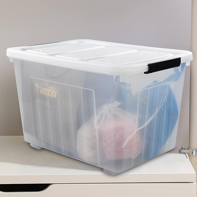 Xyskin Large Storage Bin with Buckle Down Lid Clear Plastic Storage Organizer Container with Wheels 70 L 4 Pack