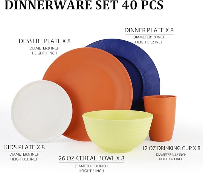 Wheat Straw Dinnerware Sets 40 PCS - Dishes Set for 8 Unbreakable Plates and Bowls Sets with Cups Dishwasher &amp Microwave Safe Lightweight Dinnerware for Kitchen Camping RV - Mondrian Colors