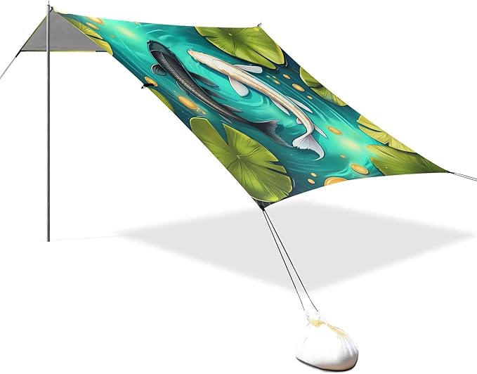 Fish Beach Canopy Sun Shelter with Sandbags &amp Sand Shovel &amp Windproof Ropes - Portable 110x126 Beach Shade Beach Tent for Camping Picnics