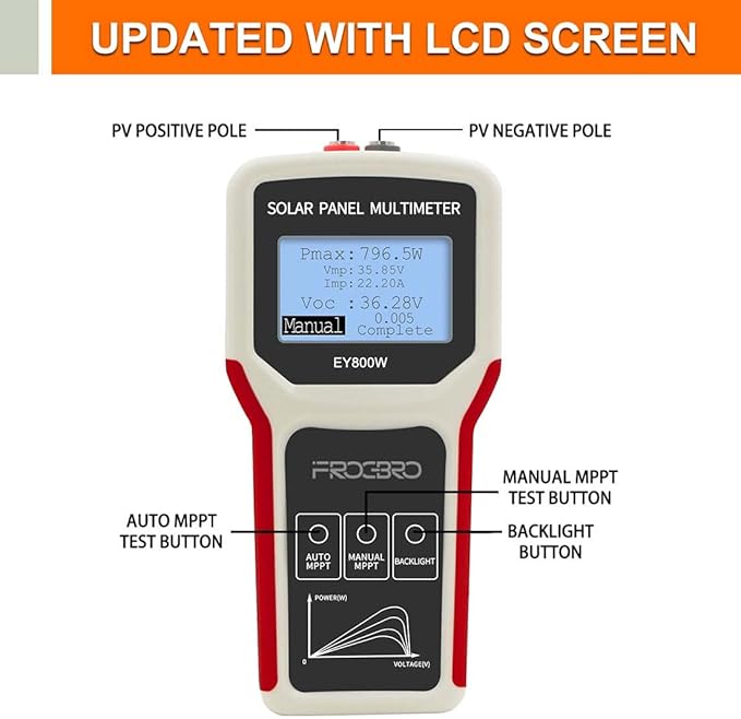 FrogBro Solar Panel Tester Photovoltaic Multimeter Upgrade EY800W with Ultra Clear LCD Smart MPPT Open Circuit Voltage Troubleshooting Utility Tool for Solar PV Testing (LCD 800W)