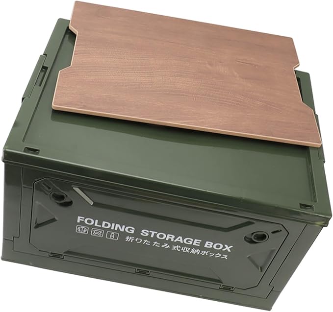 Folding Camping Storage Box with Wooden Lid Storage Bin Container with Wheels for Car Camping Picnic