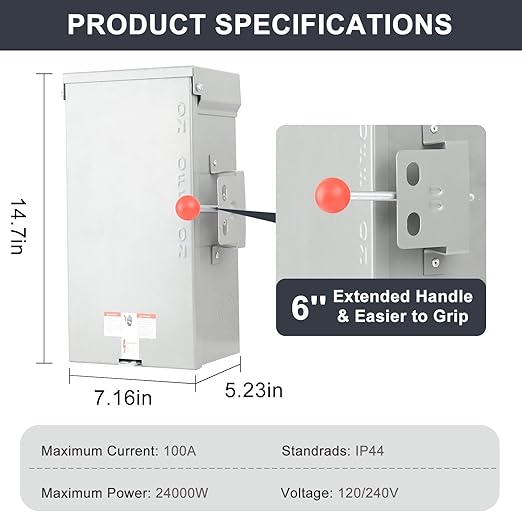 Generator Transfer Switch 100A Manual Transfer Switch for Home Generator Heavy Duty Double-Throw 120/240V24000W for Indoor Outdoor UseNEMA 4X Standards