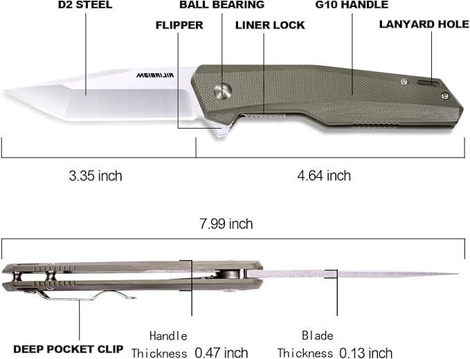 Pocket Knife D2 Blade Folding Knife with G10 Handle Smooth Flipping Action EDC Knife with Ball Bearing for Hiking Camping Outdoor Gifts for Men