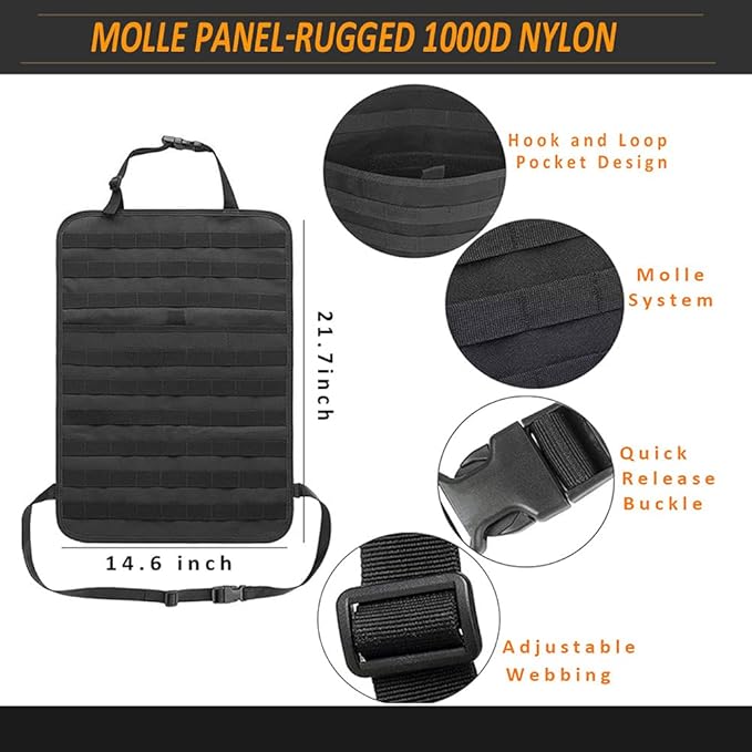 Molle Tactical Seat Back Organizer Panel with Pouches Universal Fit For Vehicle Car Khaki
