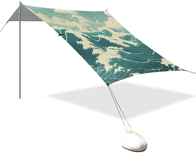 Beach Canopy with Windproof Ropes &amp Sandbags Beach Tent Sun Shade Sun Shelter for Camping Trips Fishing Backyard Fun or Picnics Waves