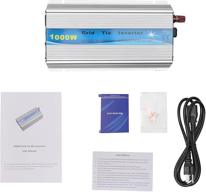 1000W Micro Inverter Grid Tie Solar Inverter MPPT Pure Sine Wave DC10.8-32V to AC110V Automatic Identification Power Inverters for 18V Solar Panel &amp 24V Battery Silver