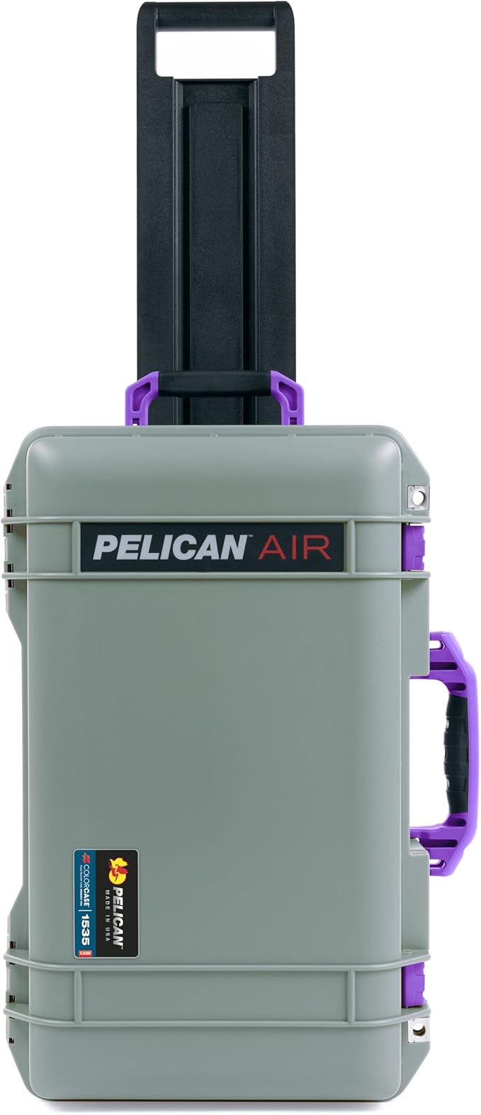 Pelican Air 1535 Carry-On Sage Green - Medium Size Waterproof Case with Grey Padded Divider and Mesh Lid Organizer - Purple Handles &amp Latches