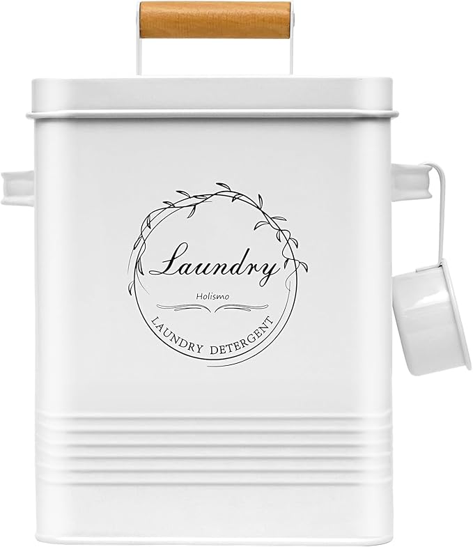 Laundry Detergent Container for Laundry Room Organization and Storage Modern Farmhouse Metal Laundry Decor Scent Boosters Beads Dispenser With Lid and Hand Scoop Pods Holder Bin White