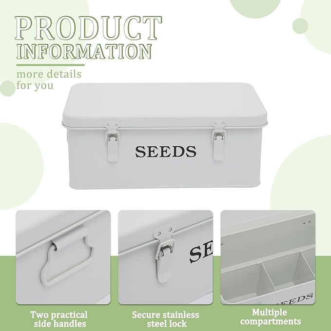 Seed Storage Organizer 4 Compartment Seed Storage Box with Safety Lock Metal Seed Box Seed Packet Container with 1 Pen 12 Slots 20 Plant Labels &amp 30 Seed Envelopes White Gardening Gift