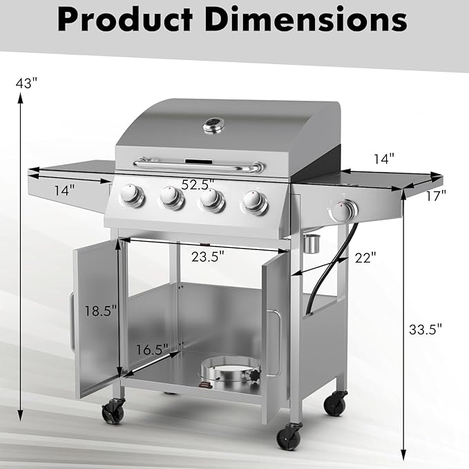 Giantex Propane Gas Grill 50000 BTU 4 Main Burners 1 Side Burner 2 Prep Tables Stainless Steel Heavy-Duty BBQ Grill with 4 Wheels for Backyard Party Outdoor Cooking