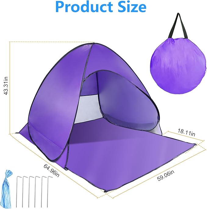 Beach Tent Easy Pop Up 2-3 Person Beach Shade Beach Tent Sun Shelter Instant Portable Beach Tent Umbrella Sun Shade Canopy with Storage Bag for Outdoor Beach Camping Fishing (Purple)