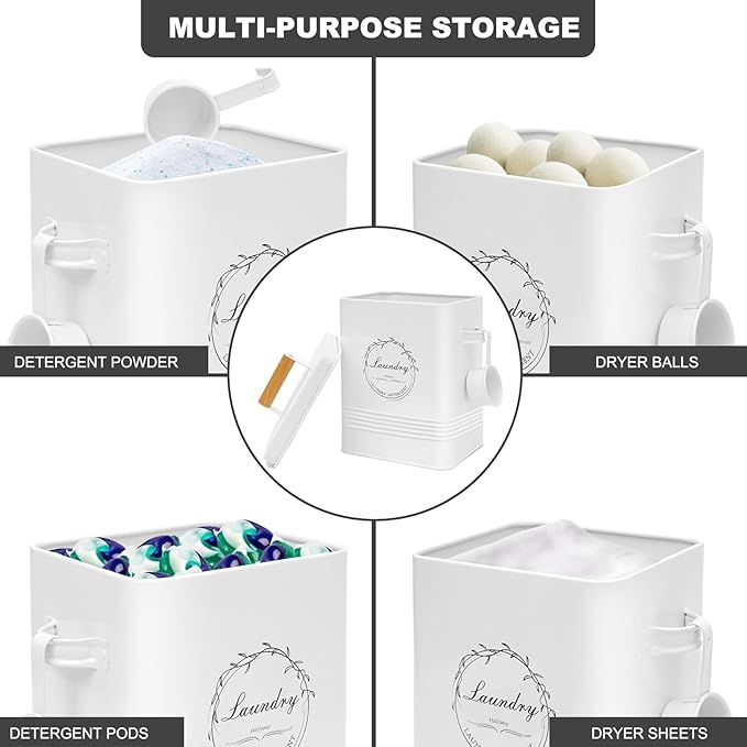 Laundry Detergent Container for Laundry Room Organization and Storage Modern Farmhouse Metal Laundry Decor Scent Boosters Beads Dispenser With Lid and Hand Scoop Pods Holder Bin White