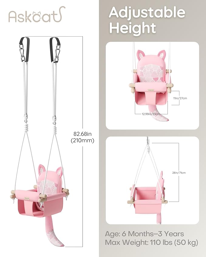 Wooden Baby Swing with Safety Belt - Adjustable Infant &amp Toddler Swings for Indoor/Outdoor Use Includes Mounting Hardware (Fox Design Pink)