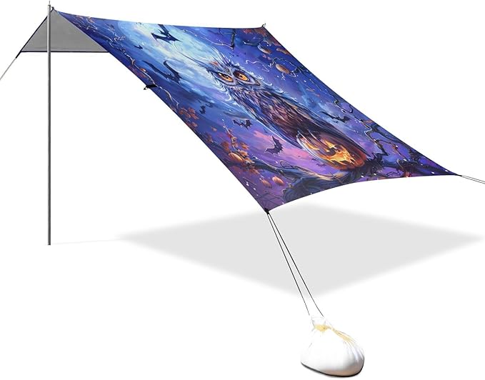 ALAZA Owl Halloween Beach Tent Sun Shelter UPF50+ Protection Beach Shade Canopy w/ 4 Sandbags for Outdoor Camping Fishing Backyard Fun Picnic 10x9 ft