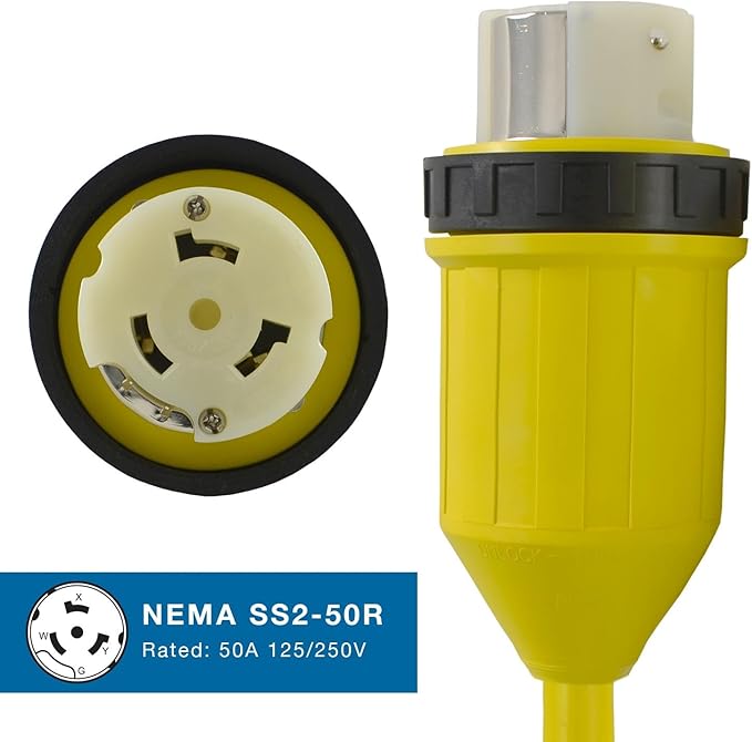 Conntek 14222 RV 1.5-Foot Pigtail Adapter Power Cord 15 Amp Male Plug To 50 Amp 125/250 Volt Locking Female Connector  Yellow