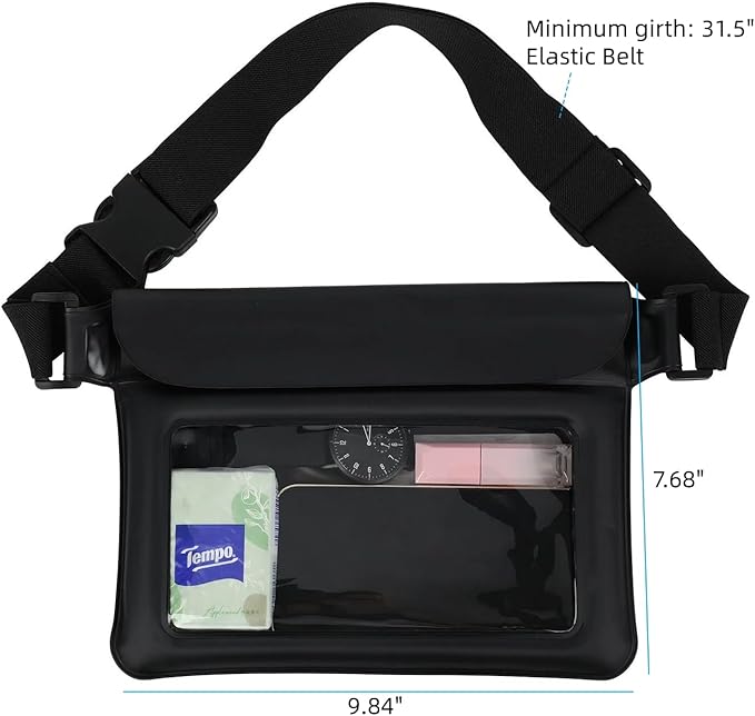 Waterproof Bag Set IPX8 2 Pcs: Black 9.8 Clear Fanny Pack &amp 7 Waterproof Phone Pouch Floating Phone Case Water Proof Dry Bag with Adjustable Strap for Beach Swim Kayak Boat Cruise Essentials