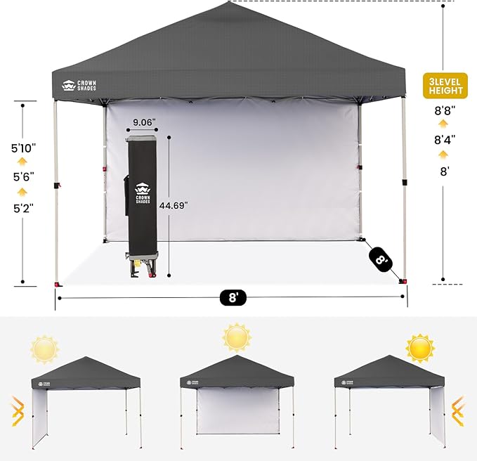 CROWN SHADES 8x8 Pop Up Canopy with 1 Side Wall - Beach Tent with One Push Setup - Outdoor Sun Shade for Events Parties Camping - Gazebo with STO-N-Go Cover Bag (Grid Grey)