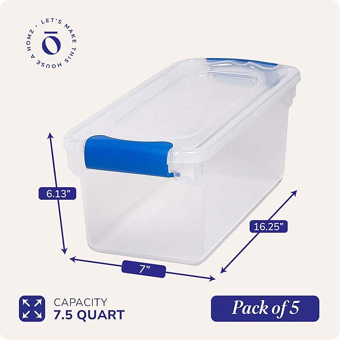 HOMZ 5-Pack Latching Lid Clear Plastic Storage Organizer Bins 7.5 Quart Blue Latch - Stackable Organizing Containers for Home Garage and Office