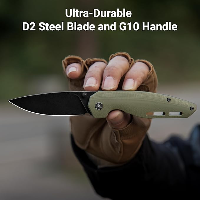Pocket Knife 3.1 Black Stonewashed D2 Blade EDC Knife with G10 Handle Front Flipper Pocket Knife for Men Women with Thumb Stud - Camping Hiking Survival Preparation