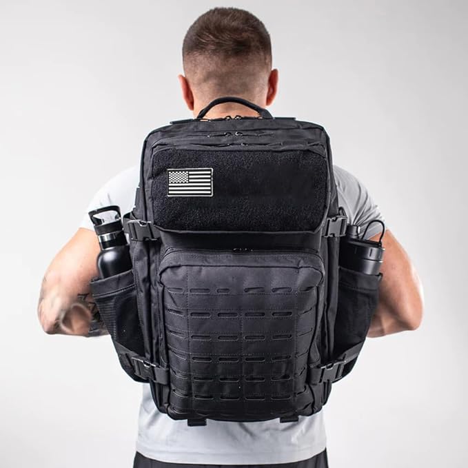 50L Tactical Military Backpack Waterproof Sturdy Bag for Hiking Camping Fishing Gym Backpack with Bottle Holder (ALL Black)