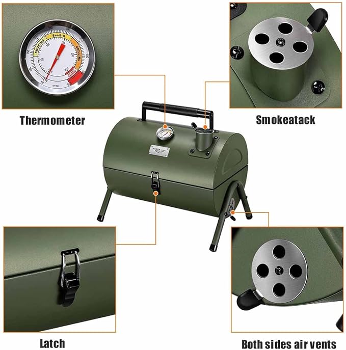 MAISON HUIS Adjustable Portable Charcoal Grill Multi-functional Metal Small BBQ Smoker with 9-Piece Stainless Steel Grill Tool Set for Outdoor Hiking Picnic (Green Kit)