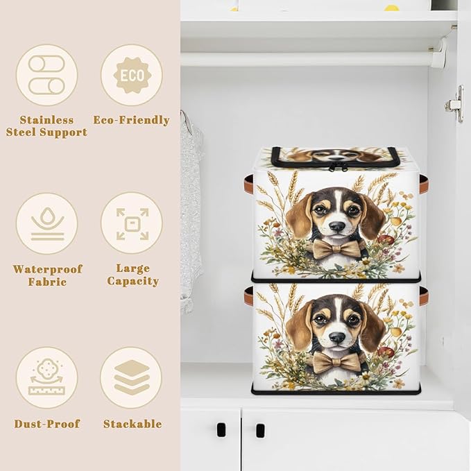 Beagle Dog Storage Box with Lid Golden wheat ears Collapsible Storage Bins Baskets Cubes Closet Shelf Clothes Organizer Containers with PU Leather Handles
