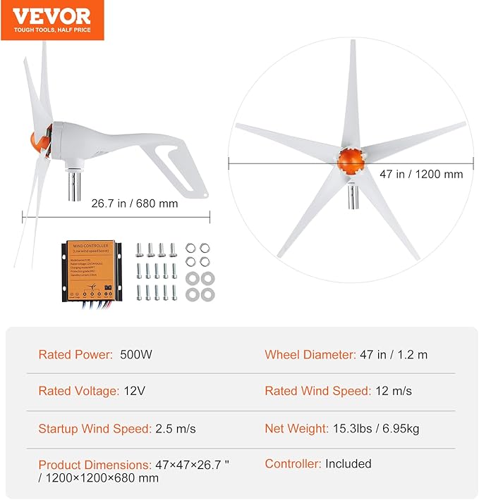 VEVOR 500W Wind Turbine Generator 12V Wind Turbine Kit 5-Blade Wind Power Generator with MPPT Controller Adjustable Windward Direction &amp 2.5m/s Start Wind Speed Suitable for Home Farm RVs B