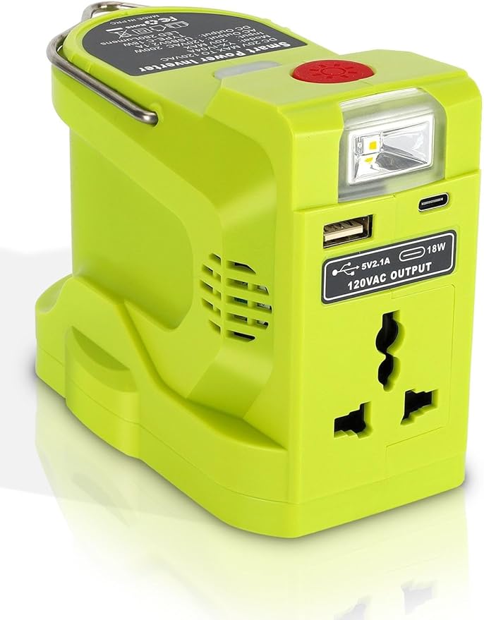 DC 18V to AC 110V Power Inverter Compatible with Ryobi One 18V Battery 200W Portable Modified Sine Wave Power Inverter Converter with LED Light USB and Type-C Port(No Battery)