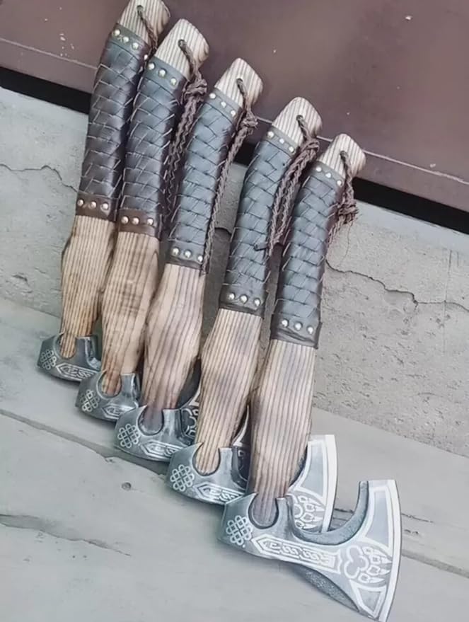 Generic Set of 5 Hunting Axe Handmade Carbon Steel Viking Axe with Leather Sheath Hatchet Custom Bearded Axe Battle Ready Axe by Empire Industry Gray