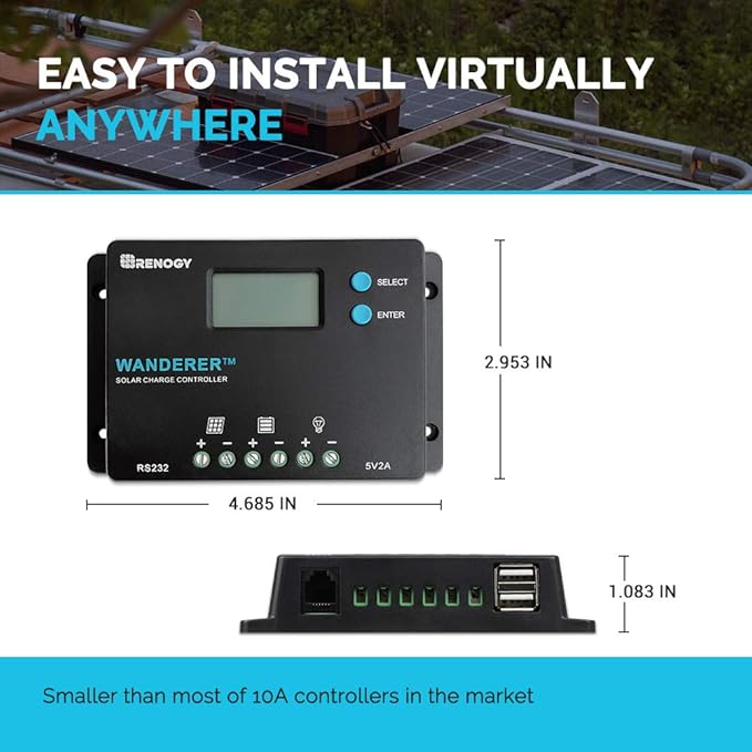 Renogy 10 Amp 12V/24V PWM Negative Ground Solar Charge Controller Compact Design w/LCD Display for AGM Gel Flooded and Lithium Battery Wanderer 10A