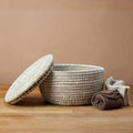 Small Woven Basket with Lid White Flat Lid 10 Inch Wide