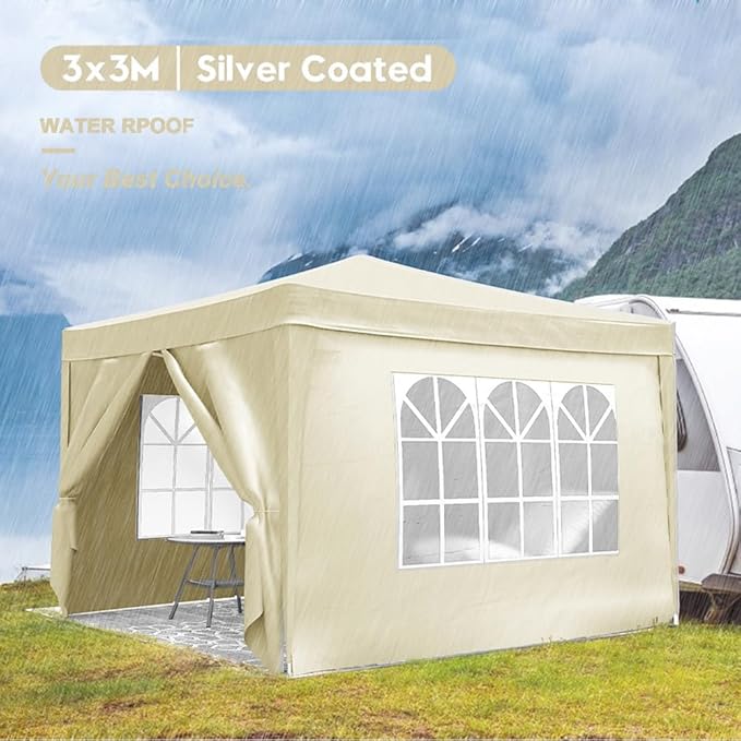 10'x10' Folding Canopy with 4 Removable Sidewalls Outdoor Event Shelter UPF 50+ Gazebo Portable Tents for Parties Beach Camping Wedding EZ Pop Up Canopy Weight Bag + Carry Bag (Beige)