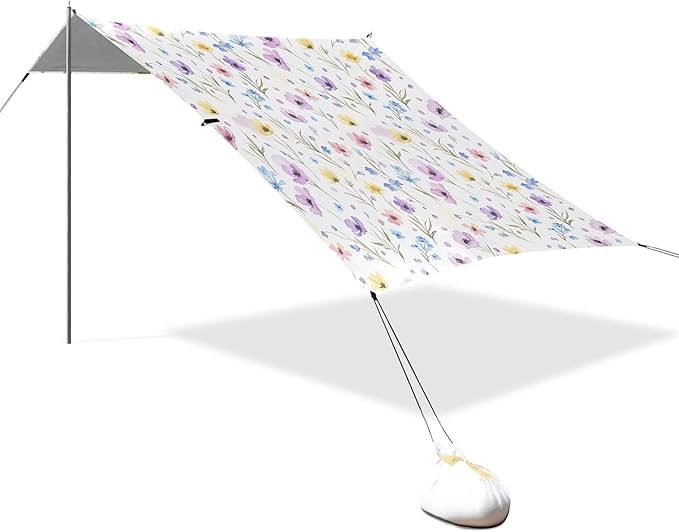 Wildflowers Beach Canopy Sun Shelter with Sandbags &amp Sand Shovel &amp Windproof Ropes - Portable 110x126 Beach Shade Beach Tent for Camping Picnics