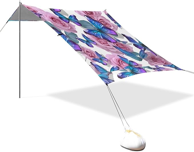 ALAZA Purple Butterflies Rose Flowers Beach Tent Sun Shelter UPF50+ Protection Beach Shade Canopy w/ 4 Sandbags for Outdoor Camping Fishing Backyard Fun Picnic 10x9 ft