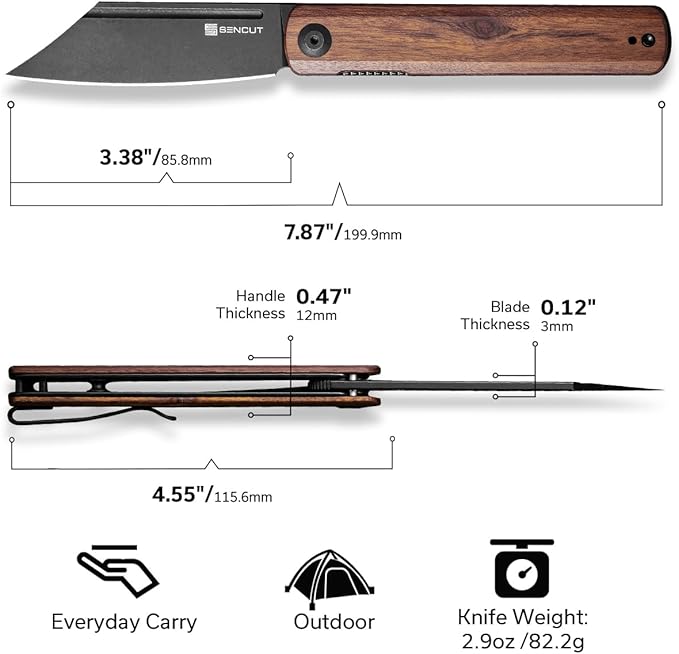SENCUT Bronte Folding Pocket Knife with Front Flipper Opener 3.38 Inch Blade Cuibourtia Wood Handle with Black Stonewashed 9Cr18MoV Blade SA08E