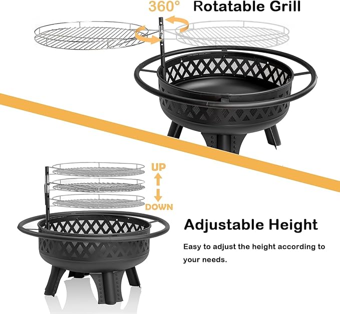Panovue 32 Inch Outdoor Fire Pit with Grill Wood Burning Firepit for Outside with Lid/Fire Poker Metal Round Fire Pit Table for Patio Backyard Garden Bonfire Party