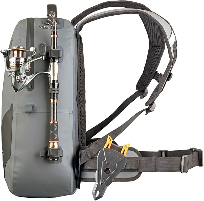 Waterproof Fishing Backpack with Rod Holder Inflatable Air Valve Padded Waist Straps &amp Gear Loops - Submersible Zipper Rugged Top Handle Adjustable Attachments (Blue)