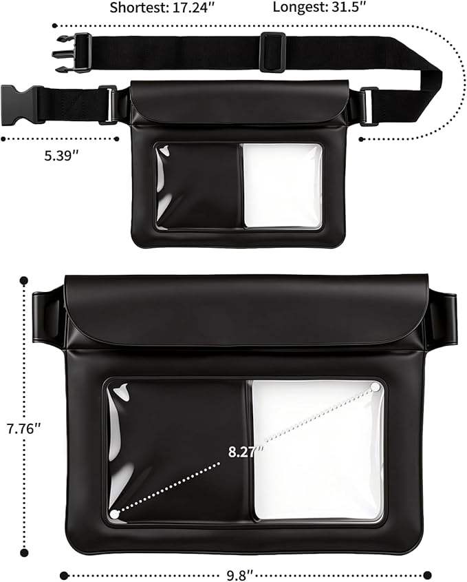 Waterproof Bag Set IPX8 2 Pcs: Black 9.8 Clear Fanny Pack &amp 7 Waterproof Phone Pouch Floating Phone Case Water Proof Dry Bag with Adjustable Strap for Beach Swim Kayak Boat Cruise Essentials