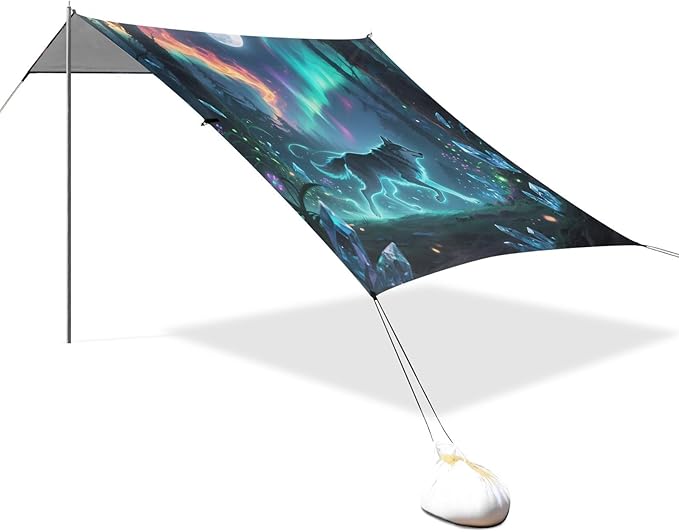 ALAZA Aurora Polar Lights Wolf Beach Tent Sun Shelter UPF50+ Protection Beach Shade Canopy w/ 4 Sandbags for Outdoor Camping Fishing Backyard Fun Picnic 10x9 ft