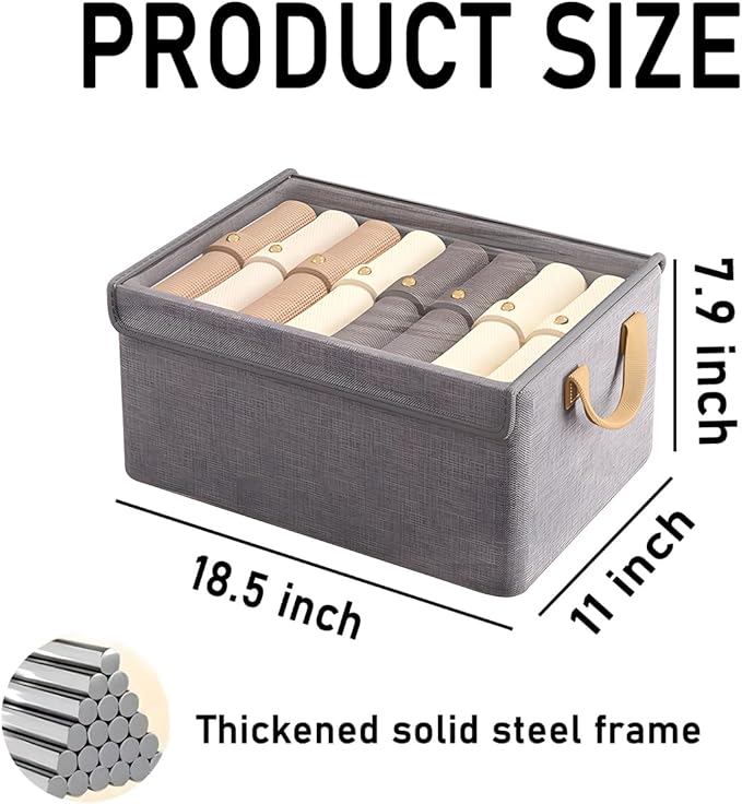 4PCS Foldable Storage Box with Lid - Extra Large Fabric Closet Organizer for Clothes 18.5x11x7.9 Inch Canvas Bin Collapsible Design for Bedroom Shelf Closet Underbed (Grey)