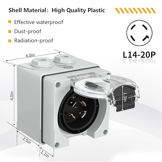 STARELO 20 Amp Power Inlet Box NEMA L14-20P Generator125/250 VoltOutdoor dustproof and Weatherproof for generators Welding Machines etc.ETL Listed.(NEMA L14-20P Box)