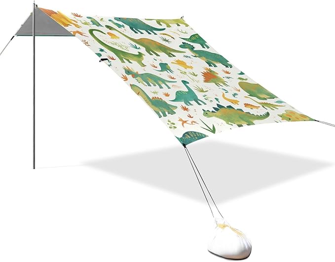 Set Cartoon Watercolor Dinosaurs Beach Cabana Tent UPF50 Easy Setup Large Sun Shelter with Sand Shovel for Camping Trips Fishing Backyard Fun or Picnics