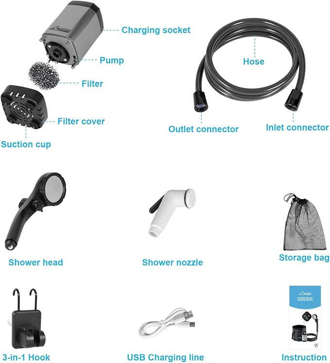 WADEO Portable Shower for Camping 6000mAh Outdoor Electric Shower Rechargeable Pump with Intelligent Digital Display Camping Shower Head Nozzle for Camping Hiking Traveling Washing