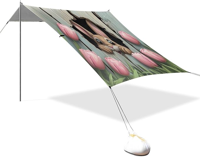 Easter Rabbit Wooden Planks Beach Tent Sun Shelter Set UPF50+ UV Protection 10.5 x 9.19 FT Camping Shade Canopy with Sandbags Sand Anchors Carrying Bag and Others