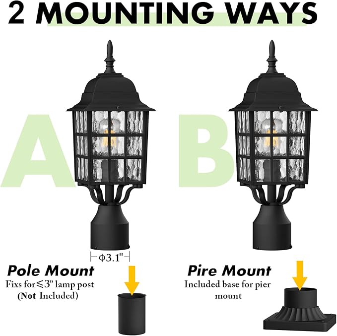 Outdoor Post Light 2-Pack Exterior Lamp Post Light Fixture with Pier Mount Base Exterior Pole Lantern Light Black with Water Ripple Glass