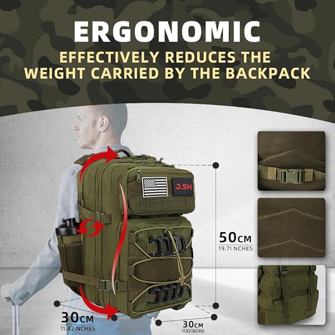 J.SH Large Military Tactical Backpack for Men EDC MOLLE Backpack 900D Oxford Nylon 3-Day Assault Rucking Pack Heavy-Duty Tactical Gear for Outdoor HikingRugged Survival&ampBug Out Bag-45L Army G